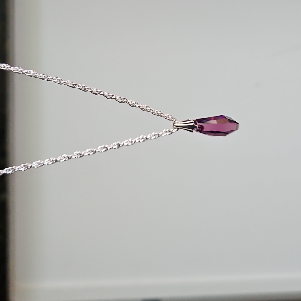 Purple Crystal Faceted Necklace Slender Cut Silvertone Chain Incl NWOT